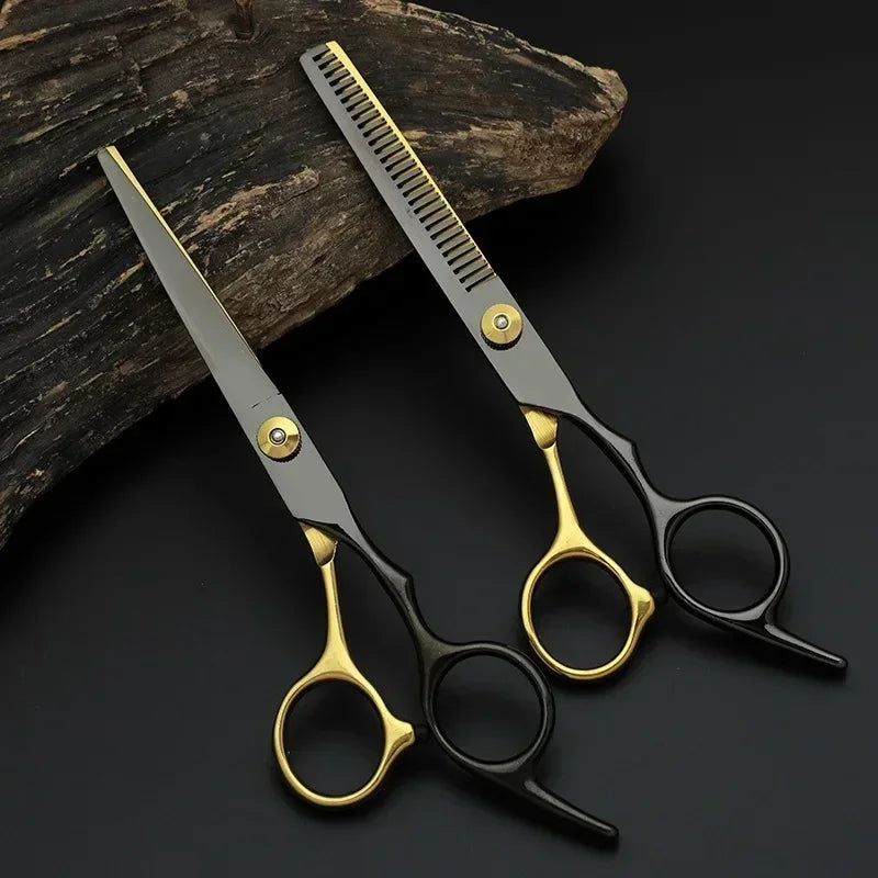 Tijeras profesionales para cortar el pelo, tijeras de entresacar para peluquería o salón, de acero inoxidable, color negro y dorado.